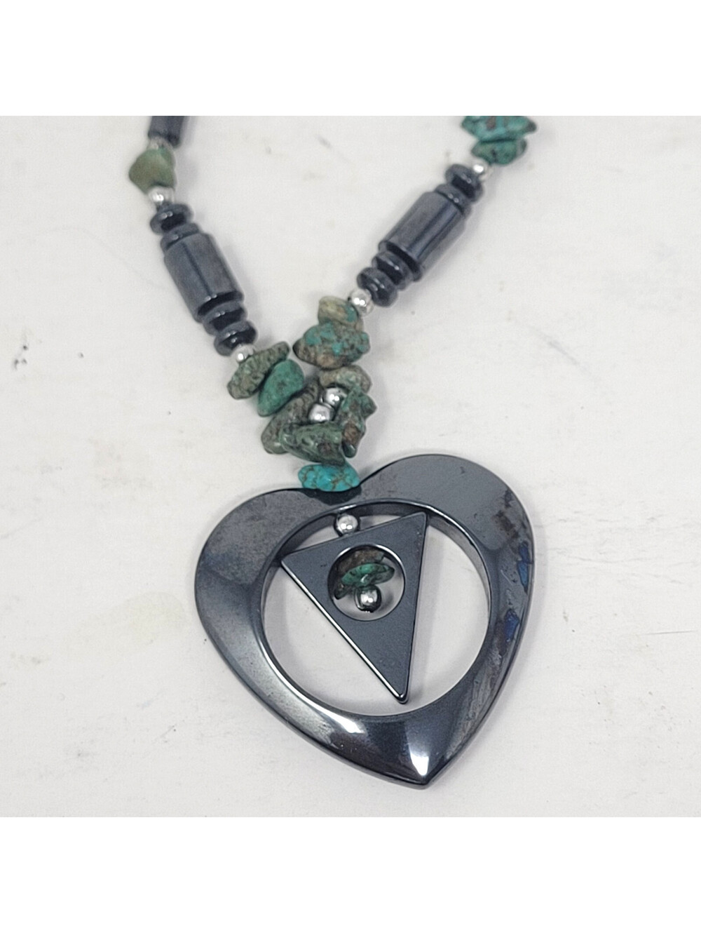 Hematite Heart Pendant Necklace Turquoise Chip Beads Triangle Circle Boho Women